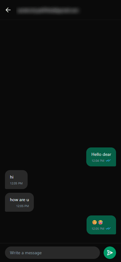 An open conversation in Whisper, with sent and received messages showing delivered and seen ticks. The contact's email is blurred