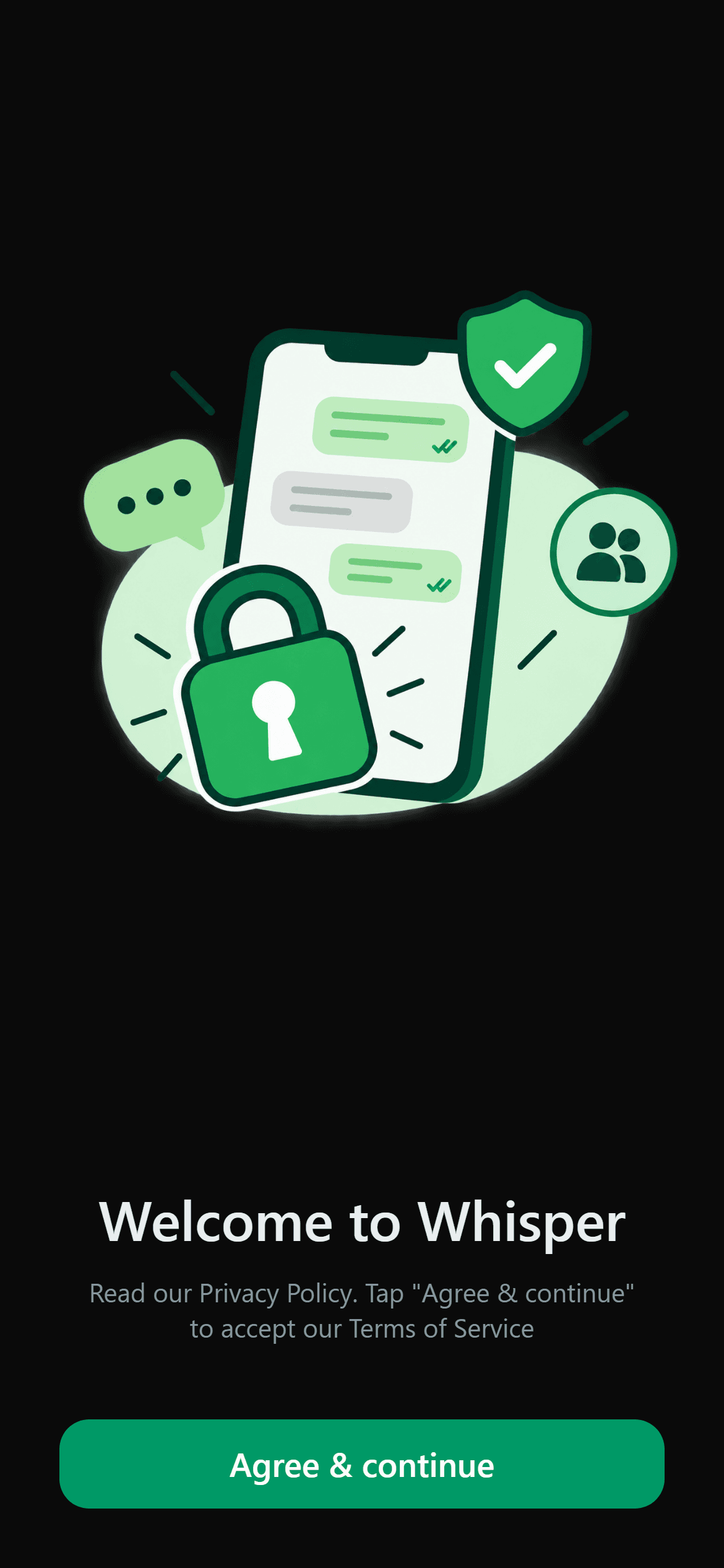 Whisper's welcome screen on a phone, with an illustration of a padlock over a chat
